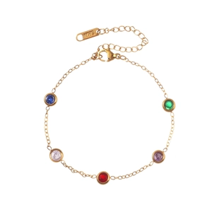 18K gold plated stainless steel necklace with five colorful round zirconia gemstones