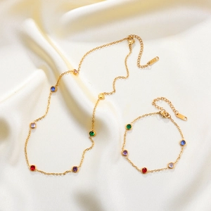 18K gold plated stainless steel jewelry set with colorful round zircon stones