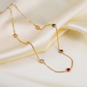 Colorful Round Cubic Zirconia Bracelet For Women 18K Gold Plated Stainless Steel Minimalist Elegant Chain Jewelry