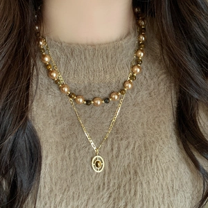 French Vintage Tiger Eye Stone Pendant Necklace Faux Artificial Pearl Beaded Double Layer Gold Plated Jewelry For Women