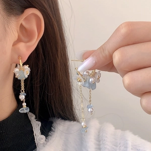 Elegant floral tassel earrings with light blue crystals and pearls for women