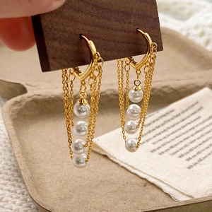 Boucles D'oreilles Pendantes À Franges En Künstliche Perles Artificielles Style Français Vintage Cuivre Géométrique Bijoux Pour Femmes