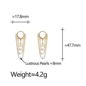 Boucles d'oreilles pendantes en perles dorées avec dimensions détaillées pour femme