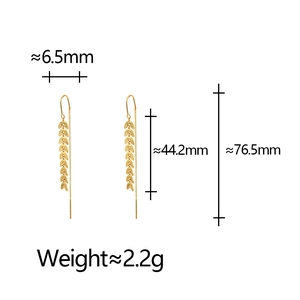 Detailed dimensions of gold leaf tassel earrings with measurement labels and weight info