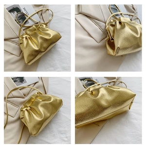 Collage of metallic gold cloud bucket bag with textured leather and thin strap