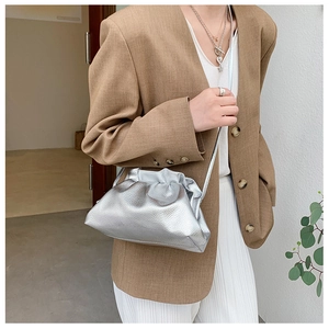 Detail of silver metallic dumpling bag with elegant pleats and slim shoulder strap