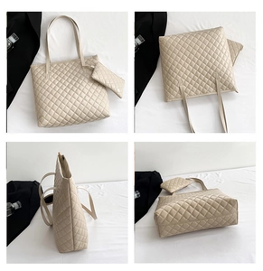 Macro view of beige quilted tote bag showing diamond stitching and accessory pouch