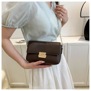 Detail of a dark brown crossbody bag featuring a gold chain strap and metal buckle closure