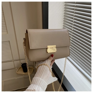 Close-up of beige leather square bag featuring golden chain strap and metal clasp detail