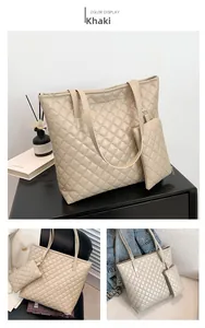 Detailed view of khaki quilted tote bag with matching mini pouch and diamond stitching