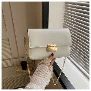 Detail of white matte leather crossbody bag with gold rectangular clasp and chain strap
