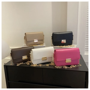 Variety of minimalist chain small square bags in multiple colors with metal buckle closure