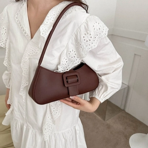 Minimalist vintage dark brown leather underarm bag for women with elegant buckle strap