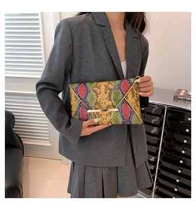 Macro view of colorful snake pattern envelope clutch with golden metal trim and sleek texture