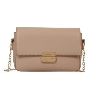 Chic beige crossbody bag with gold chain strap and metallic buckle on white background