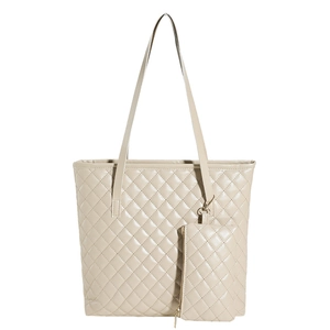 Quilted large capacity cream white tote bag with matching small detachable pouch