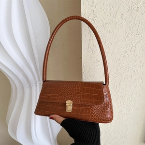 Women Vintage Crocodile Pattern PU Leather Underarm Bag Fashion Gold Lock Baguette Bag Commute Crossbody Square Shoulder Bag