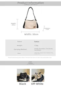 Detailed size chart showing dimensions 30x23x17cm for the large canvas tote bag