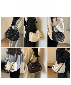 Detailed multi-angle view of large capacity nylon tote bags in black beige and brown