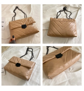 Detailed views of a khaki quilted flap bag featuring elegant V-pattern and black chain strap