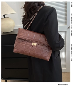 Detail of dark brown quilted crossbody bag with metal chain strap and twist lock