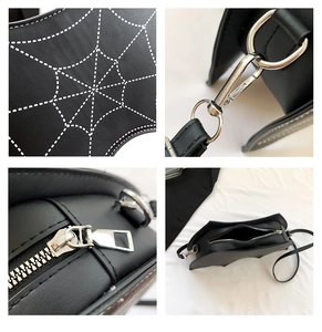 Detailed views of bat-shaped crossbody bag featuring spider web embroidery and silver hardware