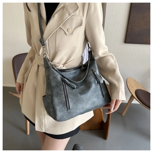 Detailansicht der grauen Retro-PU-Ledertasche mit funktionalen zwei Frontreißverschlüssen