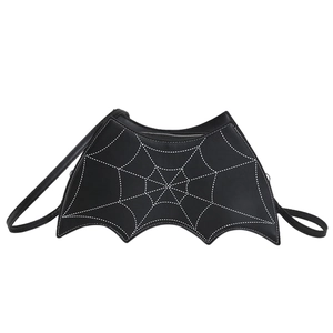 Gothic bat-shaped shoulder bag with white spider web stitching on black PU leather