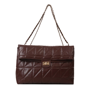 Brown quilted crossbody bag with gold chain strap and geometric triangle stitching