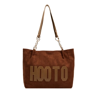 Large dark brown suede tote bag with HOOTO letter appliqué and chain shoulder strap