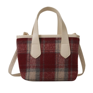 Red and grey plaid woolen tote bag with cream handles for casual autumn winter fashion