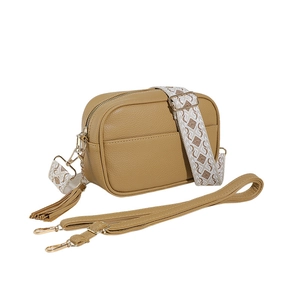 Minimalist camel PU leather camera crossbody bag with decorative wide woven shoulder strap