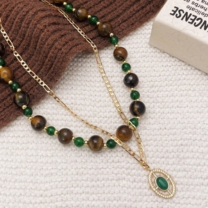Vintage Layered Necklaces Tiger Eye Stone Green Chalcedony Gold Plated Figaro Chain Jewelry For Women