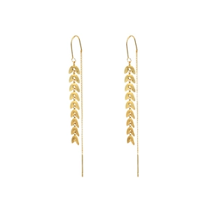 Elegant gold leaf wheat tassel long threader earrings with detailed metallic textures