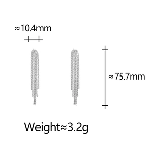 Detail view of shimmering silver tassel earrings showing length 75.7mm and width 10.4mm