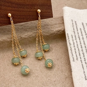 Elegant gold tassel long earrings featuring green natural stone beads in neo-Chinese style