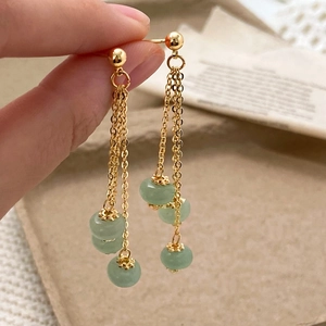 Elegant long tassel earrings with green stone beads and gold plated chains for women