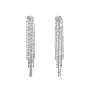 Elegant long silver tassel fringe earrings with shimmering metal chains for women