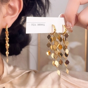 Long Rhombus Fringe Hoop Earrings For Women Copper Metal Tiered Dangle Shiny Fashion Geometric Jewelry