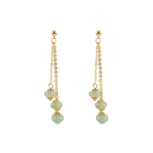 Gold long tassel earrings with green natural stone beads in a minimalist oriental style