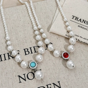 French vintage pearl necklace with red and turquoise stone pendants and teardrop drops