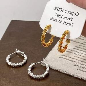 Geometric Beaded Hoop Earrings Copper Gold Plated Cube Round Beads Minimalist Korean Style Jewelry For Women Elegant