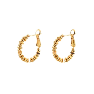 Elegant gold geometric C-shaped hoop earrings with a beaded and cube design