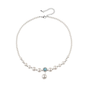 French vintage pearl necklace with gradient beads and blue zircon pendant in silver