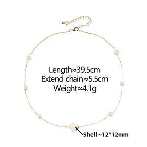Detail view of pearl shell flower necklace with dimensions and 12mm floral charm