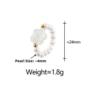 Detail view of shell flower and pearl ring with size 24mm and weight 1.8g specifications