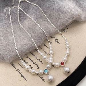 Retro Shell Artificial Pearl Necklace Copper Zircon Rhinestone Teardrop Pendant French Style Elegant Choker Jewelry For Women