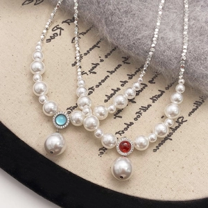 French style pearl and silver chain necklace with drop pearl and blue or red zircon pendant