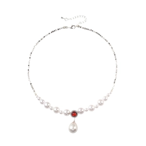 Vintage pearl necklace with red zircon pendant and water drop pearl on silver chain