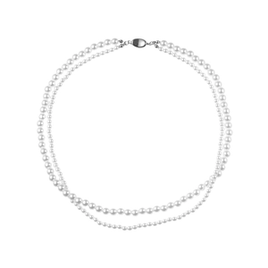 Collier classique double rang de perles blanches avec fermoir mousqueton vintage en argent